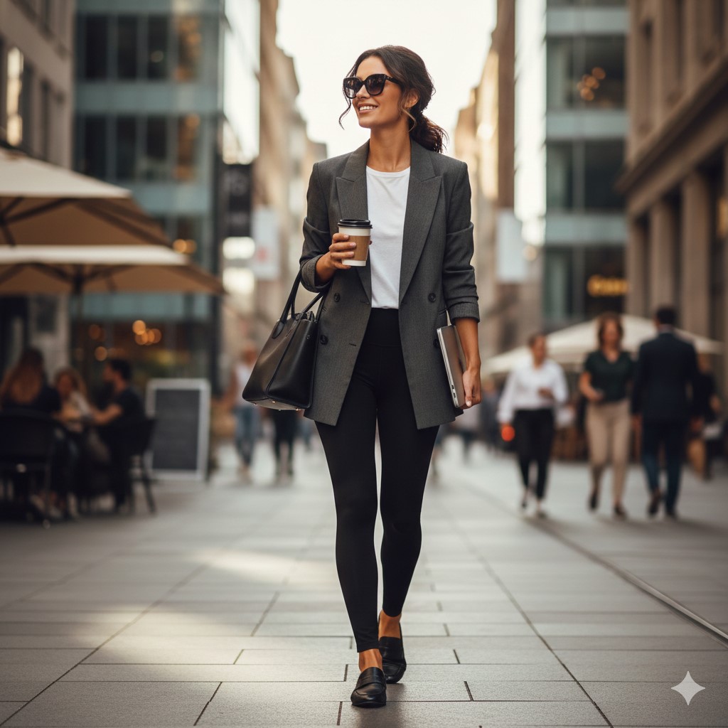 Femme élégante portant un legging noir opaque et un blazer gris pour un look de bureau.