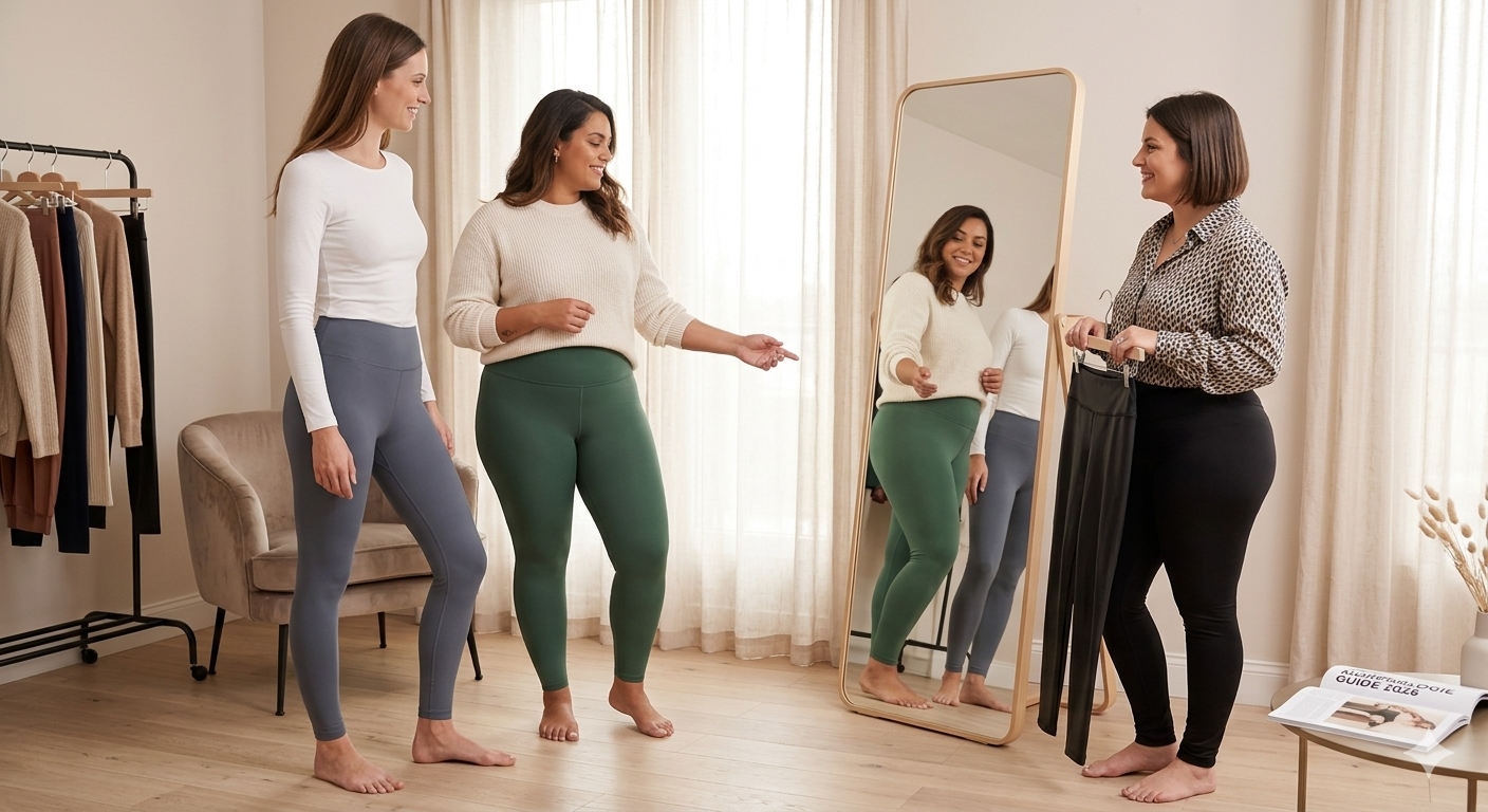rois femmes de morphologies différentes, souriantes et confiantes, portant des leggings variés dans une chambre d'essayage lumineuse avec un grand miroir.