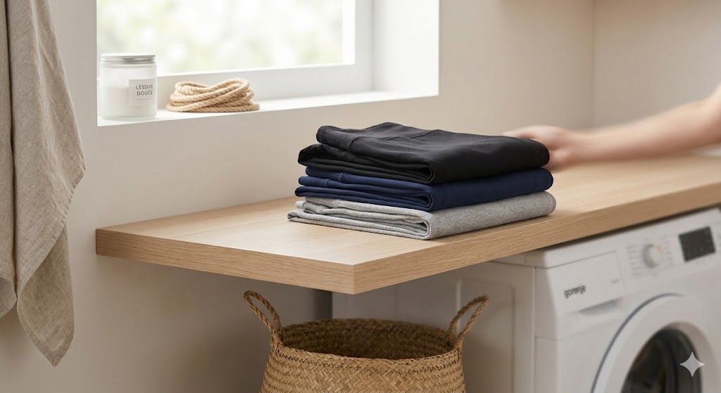 Une pile de trois leggings parfaitement pliés et fresh (couleurs noir, bleu marine et gris) sur une étagère en bois clair dans une buanderie lumineuse et épurée.