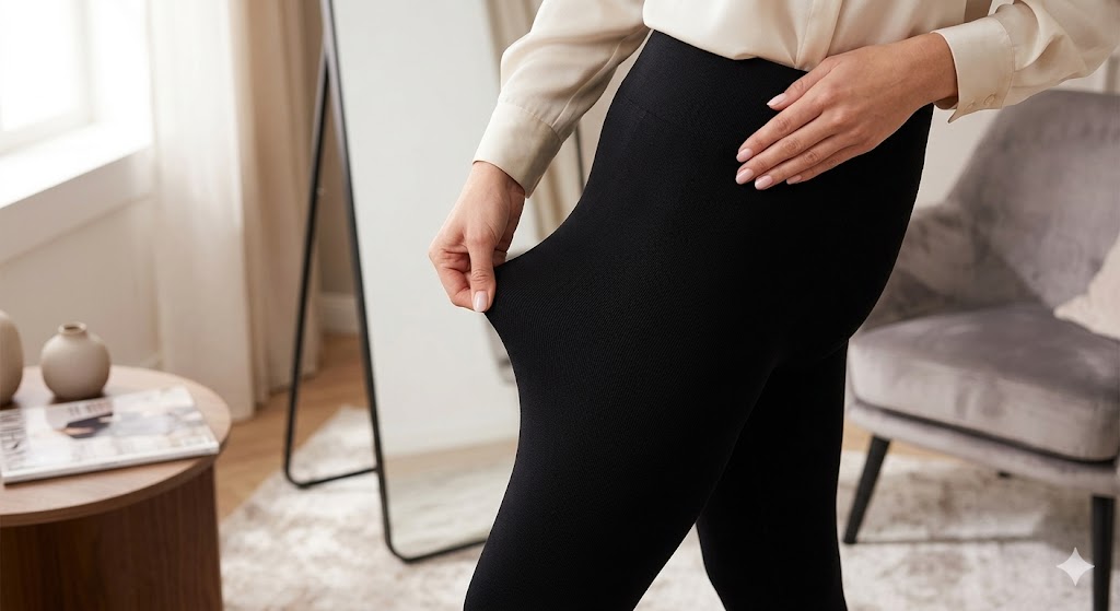 Gros plan sur la main d'une femme examinant la texture et l'élasticité d'un legging noir de qualité supérieure, dans un décor élégant et lumineux.