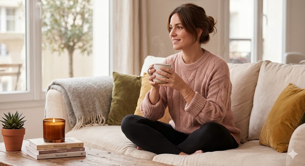 Femme assise confortablement sur un canapé blanc avec un legging noir taille haute et un gros pull rose poudré, tenant une tasse de thé fumante.