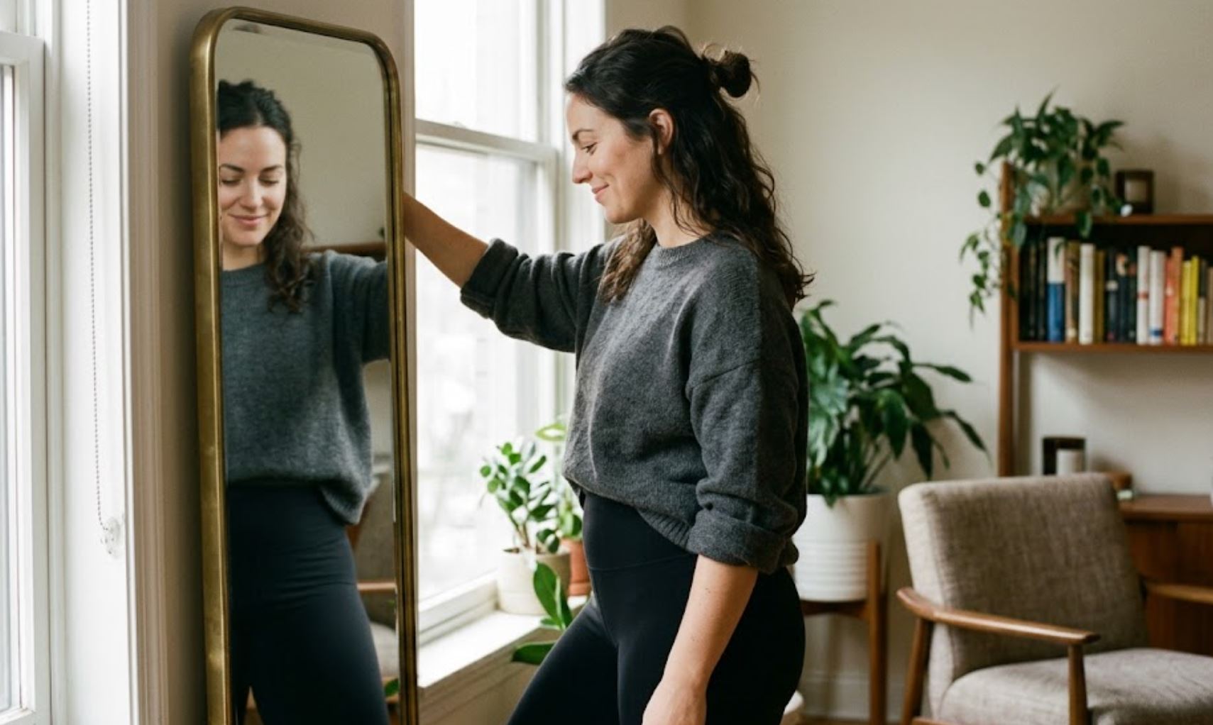 Candid portrait close-up de profil d'une femme confiante regardant son reflet dans un miroir avec assurance, portant une tenue simple et élégante : leggings noirs mats et pull en maille grise oversize. Elle a un sourire sincère de satisfaction.