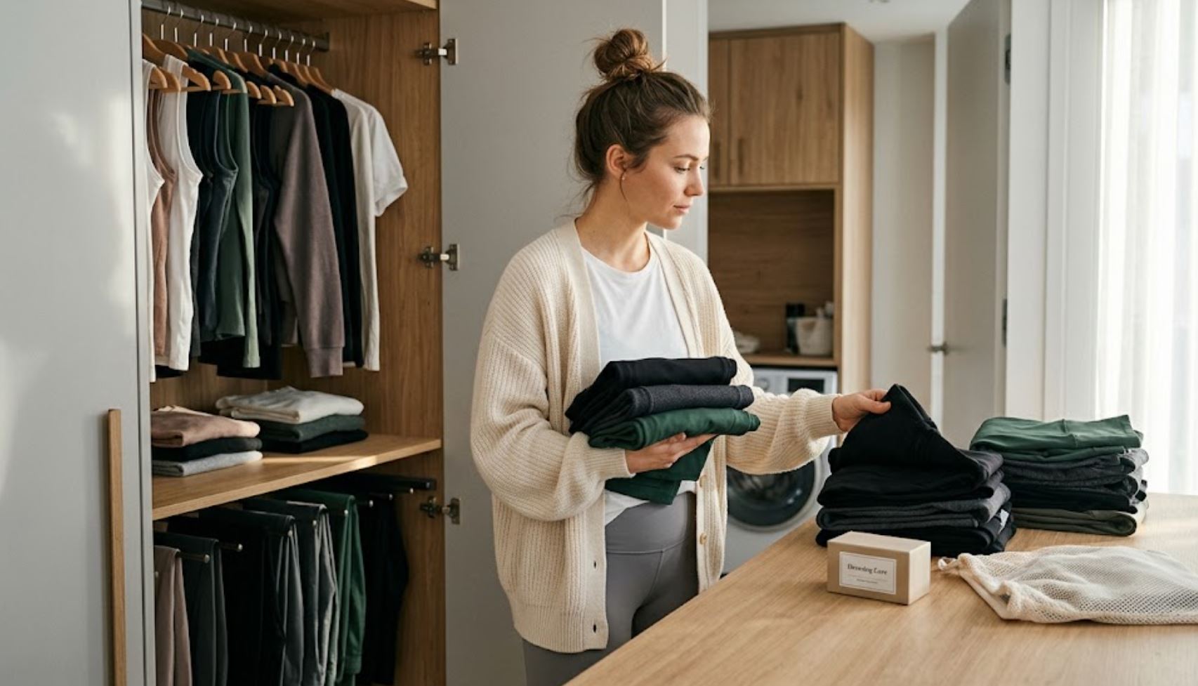 Femme dans un dressing minimaliste lumineux, pliand un legging noir avec soin. À côté d'elle, un filet de lavage et une boîte 'Dressing Care', illustrant l'entretien éco-responsable des vêtements techniques.
