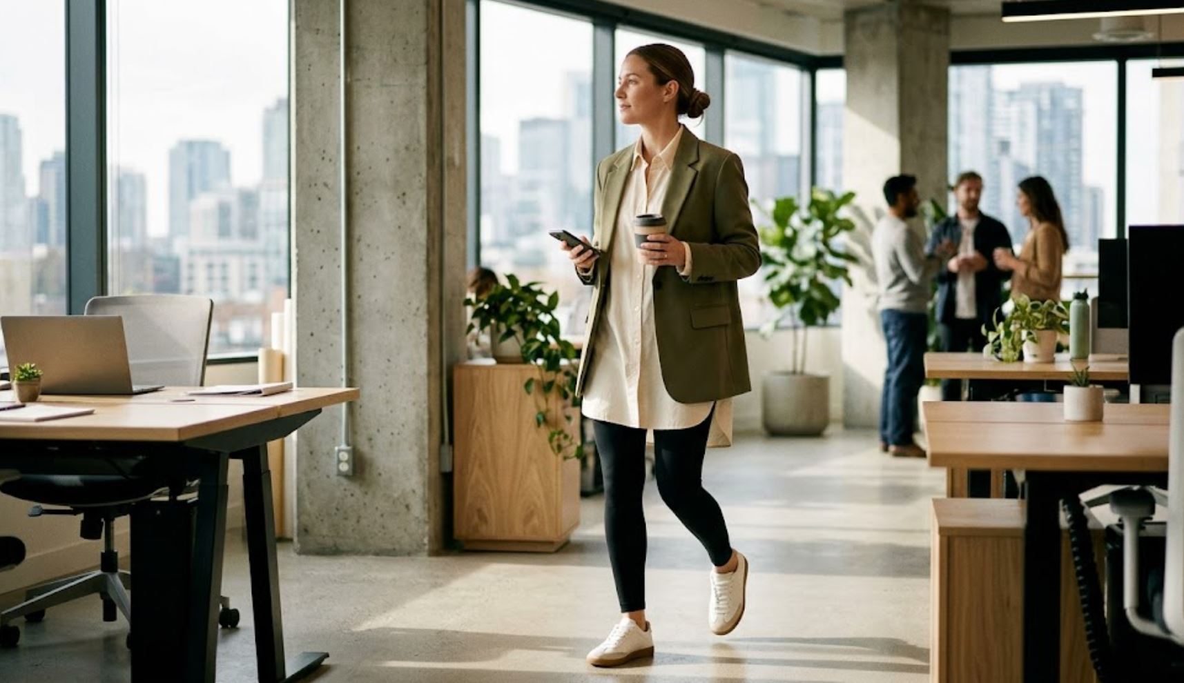 Photographie documentaire naturelle d'une femme souriante à l'office, près de Paris, marchant avec un ordinateur portable. Elle porte un legging noir mat opaque et un trench-coat fluide vert olive, illustrant une tenue de bureau confortable et élégante.
