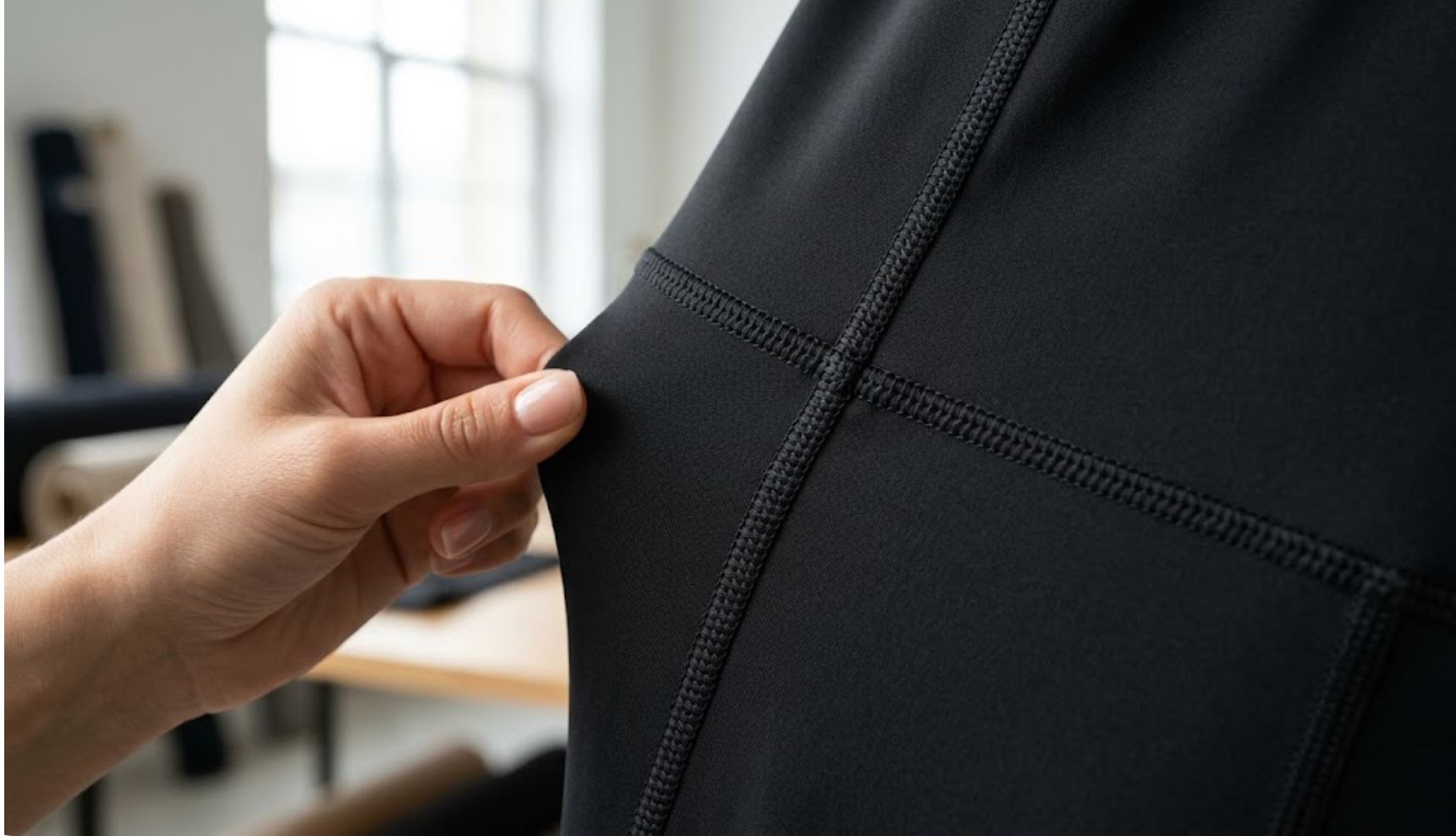 Gros plan détaillé sur la texture mate et la couture plate renforcée d'un legging technique noir haut de gamme. Une main teste l'élasticité. Ambiance atelier.