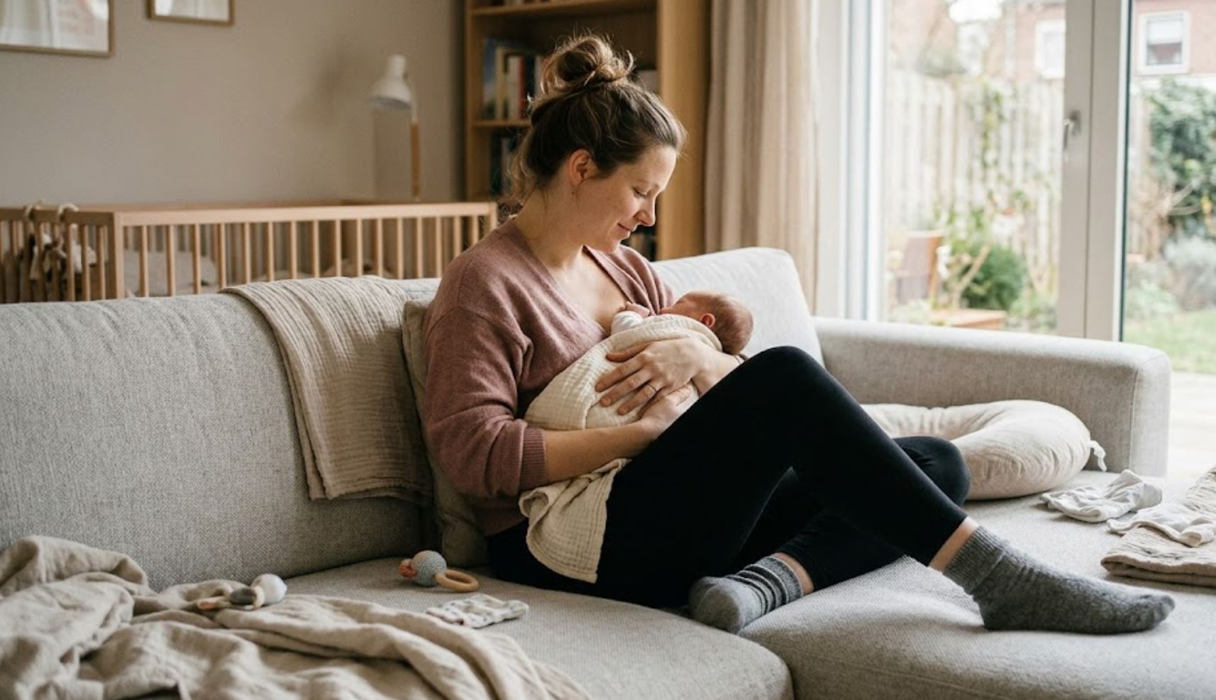 Photographie documentaire naturelle d'une jeune maman souriante et sereine assise sur un canapé, tenant son nouveau-né contre elle. Elle porte un legging post-partum noir mat à taille haute et un cardigan doux, illustrant un moment de cocooning et de récupération après accouchement.