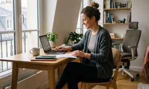 Photographie documentaire naturelle d'une femme souriante et concentrée travaillant sur un MacBook à un bureau d'un bureau à domicile lumineux près de Paris, portant un cardigan en maille douce et des leggings noirs mats de haute qualité.