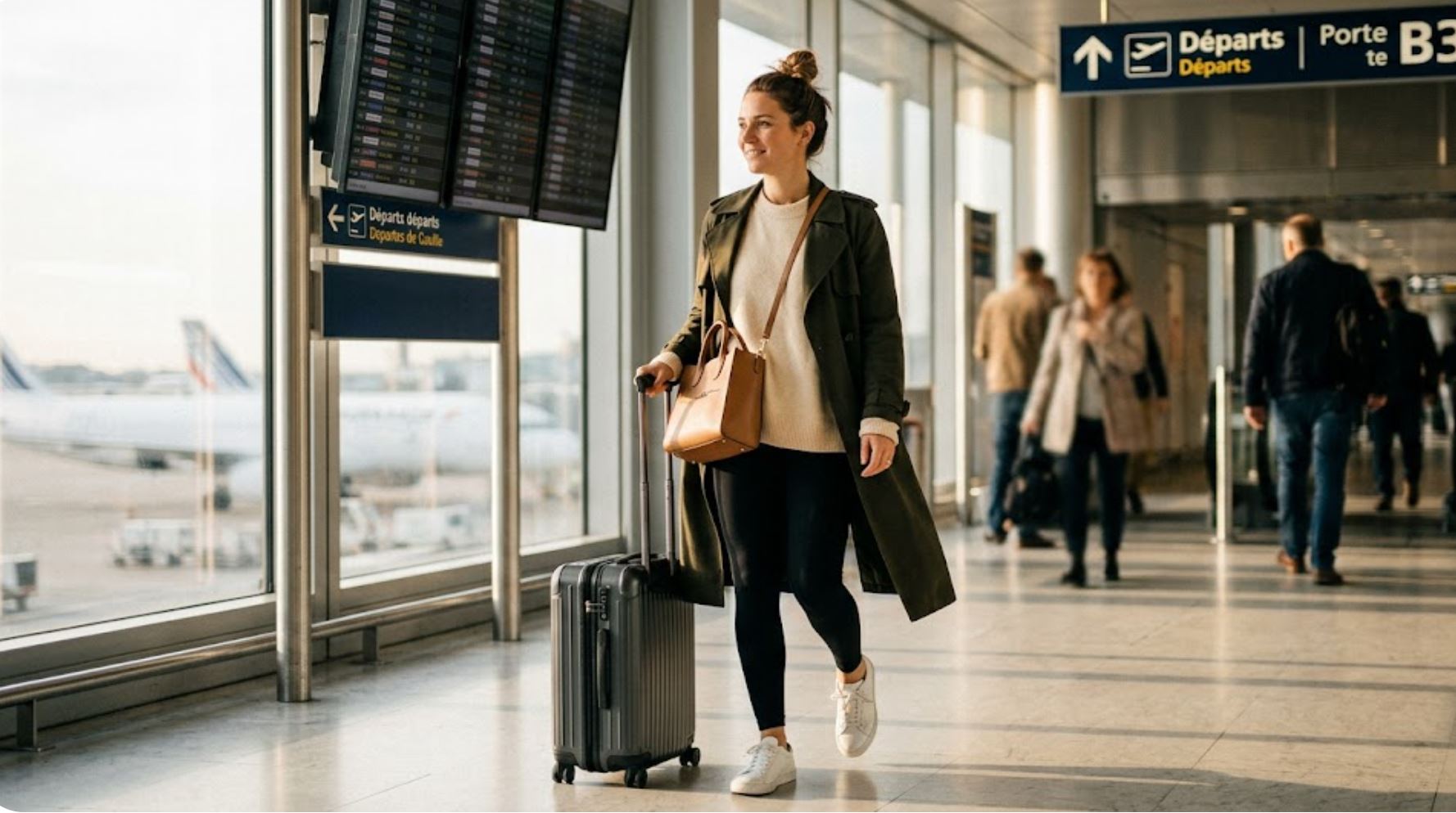 Photographie documentaire naturelle d'une femme souriante à l'aéroport, près de Paris, tirant une valise cabine. Elle porte un legging noir mat opaque et un cardigan doux, illustrant une tenue de voyage confortable.