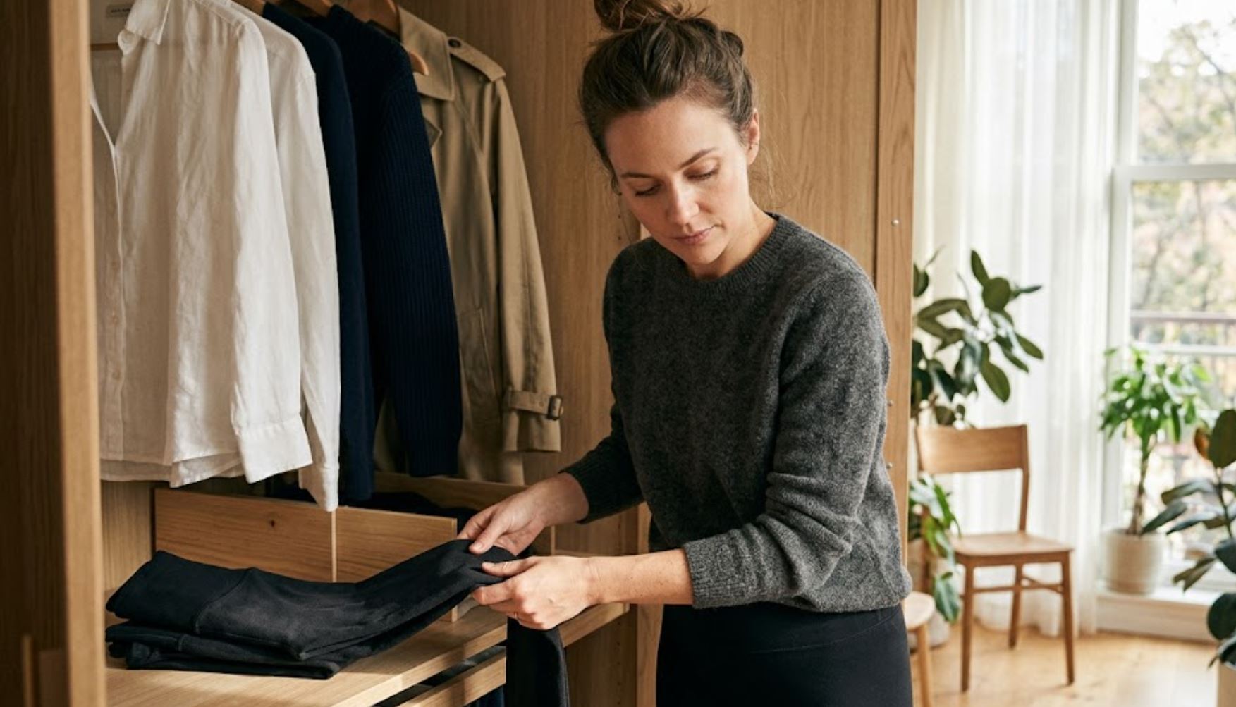 Vue rapprochée contemplative d'une femme organisant son dressing minimaliste, tenant avec soin un legging noir mat durable de haute densité près d'une fenêtre ensoleillée. La photo capture la texture du tissu.
