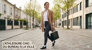 Femme marchant dans une rue de Chevilly Larue, Île-de-France, portant un legging charcoal mat, un blazer camel oversize, une chemise blanche et des mocassins. Style Athleisure Chic pour le travail.
