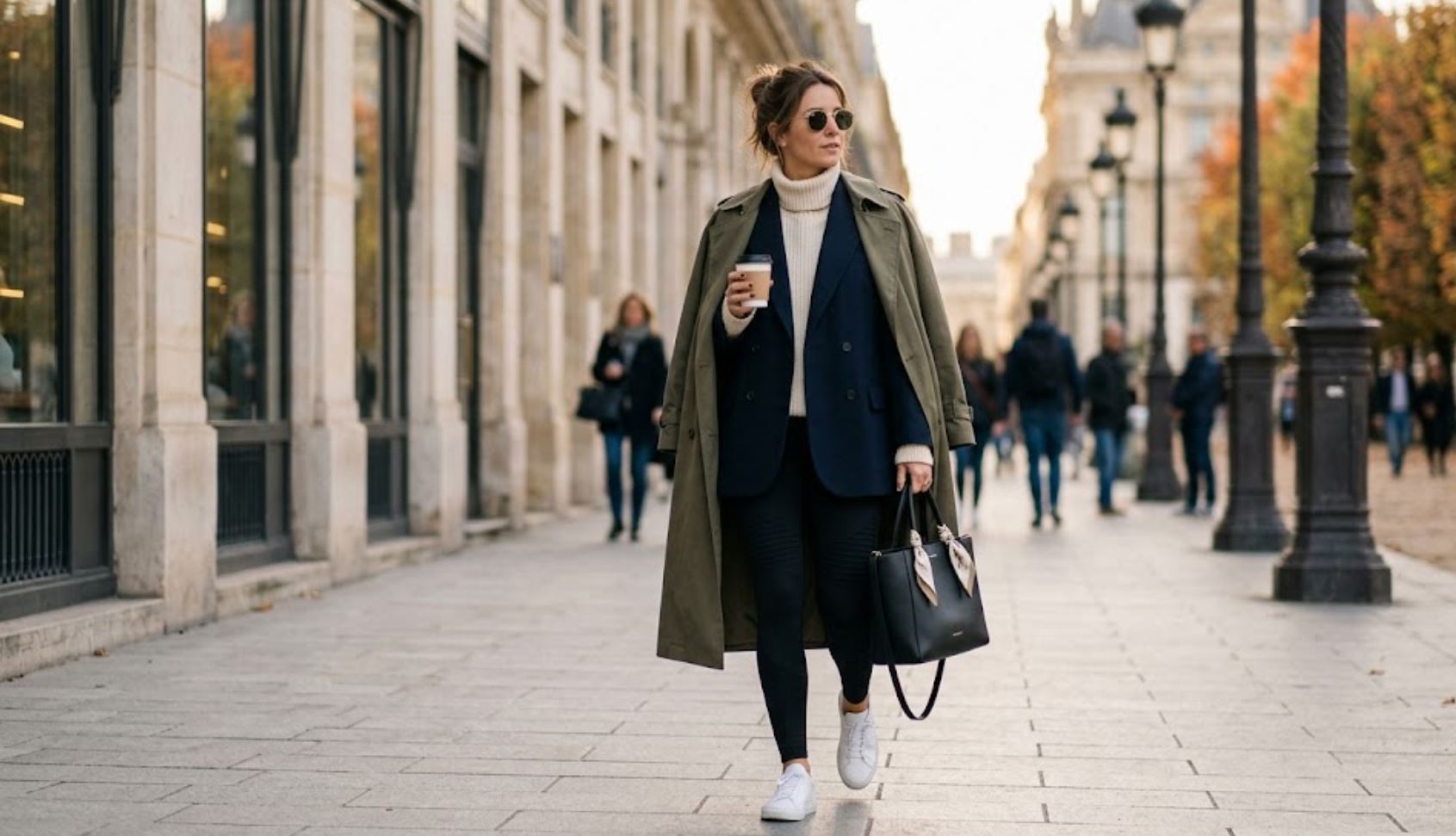 Femme chic marchant à Paris portant un legging noir avec un blazer bleu marine, un pull crème, un trench-coat et des baskets blanches. Style athleisure élégant et urbain.