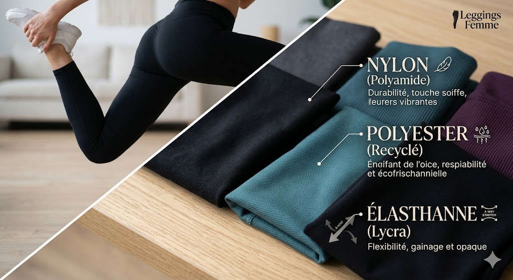 Infographie comparative des matières de legging : Nylon pour la durabilité, Polyester pour la respirabilité et Élasthanne pour l'élasticité. Illustration avec une femme en mouvement et des tissus pliés.