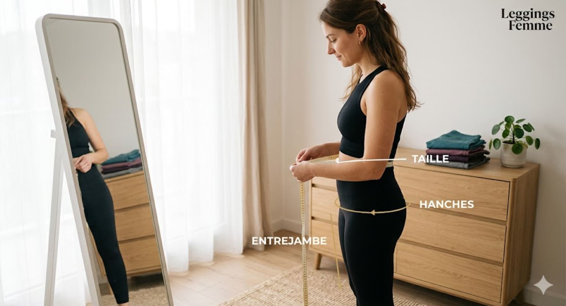 Femme se mesurant devant un miroir pour trouver sa taille de legging. Des lignes graphiques indiquent en français la Taille, les Hanches et l'Entrejambe. Ambiance douce et pédagogique.