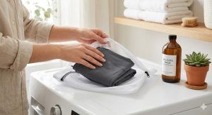 Mains d'une femme plaçant délicatement un legging gris anthracite dans un filet de lavage blanc posé sur une machine à laver moderne.