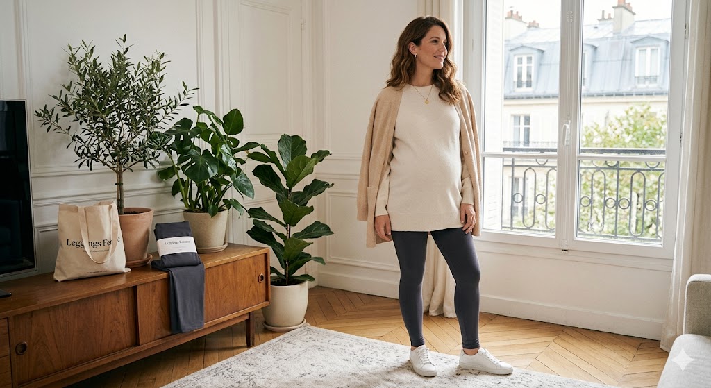Femme enceinte souriante dans un appartement haussmannien portant un legging de maternité bordeaux opaque, un pull crème et des baskets. Style confortable et chic pour la grossesse.