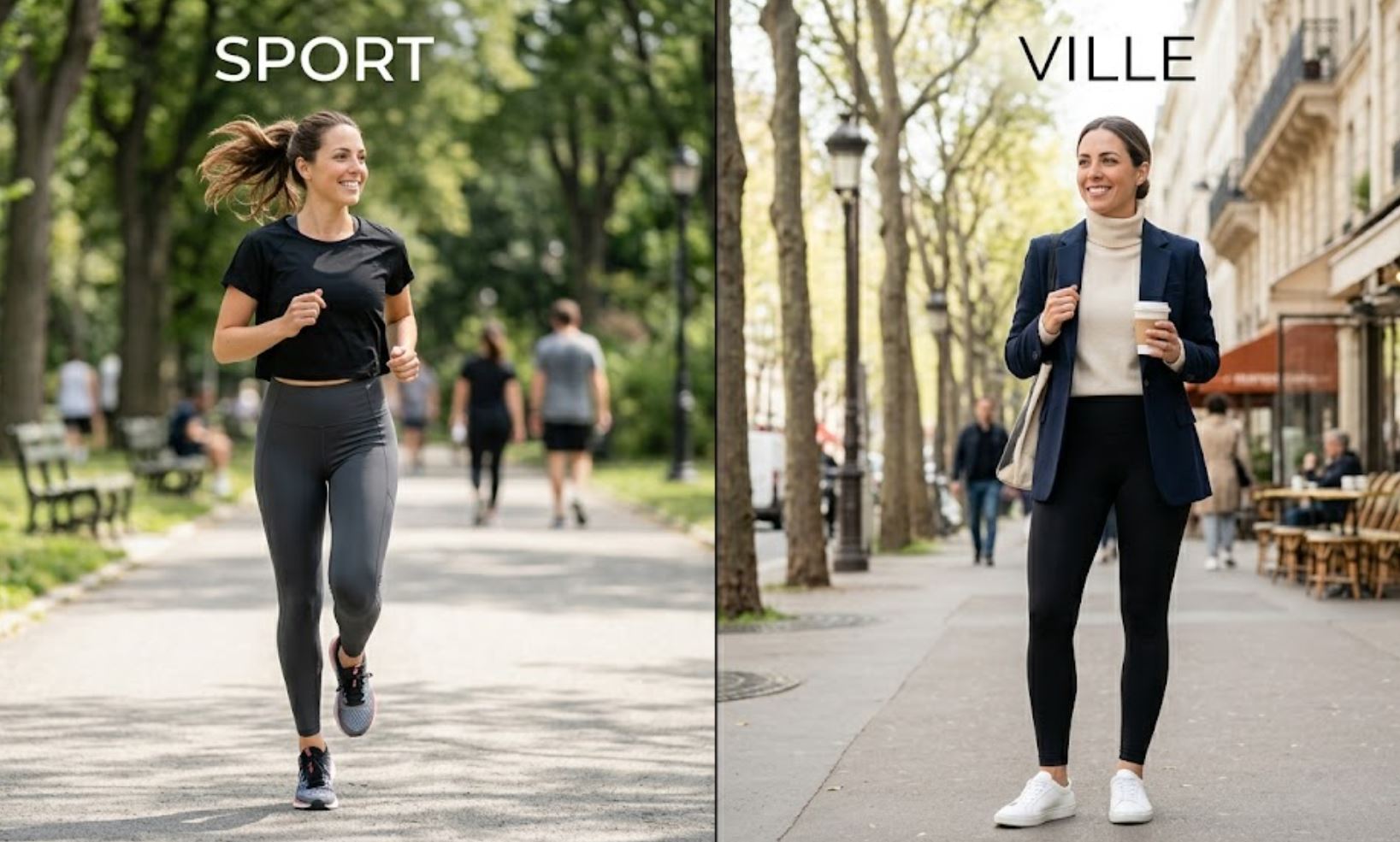 Comparaison visuelle en écran scindé : à gauche, une femme court dans un parc en leggings de sport gris ; à droite, la même femme est en ville en leggings noirs avec un blazer chic.