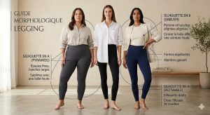 Trois femmes de morphologies et d'origines différentes (A, O, H/I) posant en leggings taille haute de qualité dans un studio lumineux.