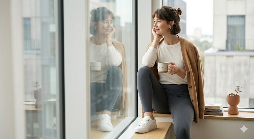 Femme s'observant calmement dans un miroir de terminal d'aéroport, portant un legging technique Charcoal galbant et un cardigan camel, illustrant le concept de cognition enclenchée