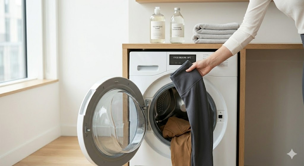 Gros plan d'une main déposant délicatement un legging technique gris mat dans le tambour d'une machine à laver blanche moderne et épurée. La lumière naturelle éclaire la scène, évoquant le soin du vêtement.