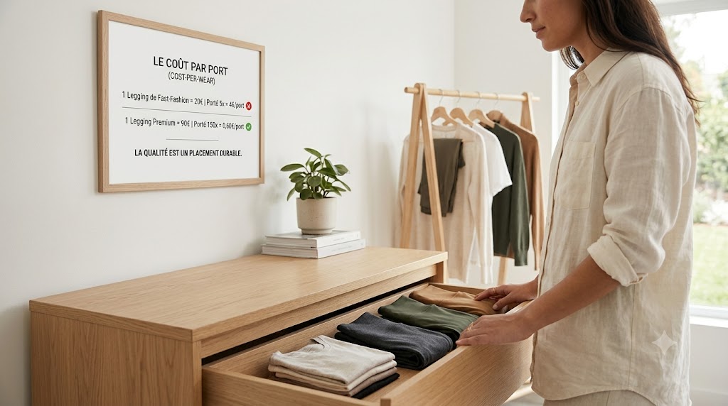 Visuel explicatif du Cost-Per-Wear (coût par port). Une femme dans un dressing minimaliste devant une commode. Au mur, une affiche compare le coût réel : un legging premium (90€ porté 150x) revient à 0,60€/port, contre 4€ pour un modèle fast-fashion.