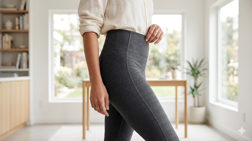 Gros plan de profil d'une femme portant un legging technique gris anthracite taille haute. La large ceinture épouse parfaitement sa silhouette dans un intérieur lumineux et épuré.