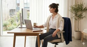 Femme chic et confortable en télétravail assise à un bureau minimaliste en bois. Elle porte un legging Charcoal haut de gamme, une chemise blanche et un cardigan crème, illustrant le style Workleisure.