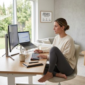 Visuel explicatif de la cognition incarnée au travail. Dans un bureau à domicile épuré, design et lumineux, une professionnelle est concentrée sur son ordinateur. Elle porte un legging premium mat, un pull doux et un blazer structuré. Au mur, une affiche encadrée résume en 3 étapes : 'Cognition Incarnée ✨ (Comment vos vêtements boostent votre cerveau) : Liberté de mouvement, Régulation thermique, Focus sans distraction'. Ambiance sereine et organisée.