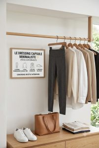 Visuel explicatif du dressing capsule minimaliste. Dans un dressing épuré et lumineux, une penderie bois clair avec dix cintres présentant une sélection de vêtements intemporels (legging premium charcoal, pull cachemire, chemise blanche, trench, blazer). Au mur, une affiche encadrée résume en 4 étapes : 'Le Dressing Capsule Minimaliste ✨ (Pièces clés durables)'. Ambiance sereine et organisée.