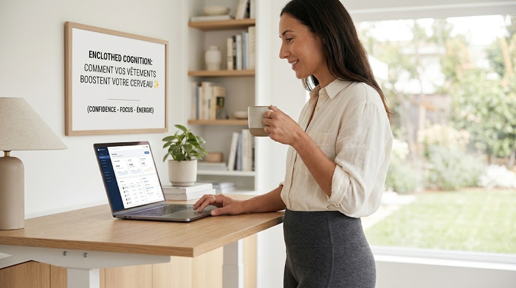 Visuel explicatif de l'Enclothed Cognition. Une femme confiante travaille debout dans un bureau lumineux, portant un legging technique gris anthracite et une chemise en lin. Au mur, une affiche encadrée : 'Comment vos vêtements boostent votre cerveau (Confidence, Focus, Énergie)'. Ambiance athleisure chic.