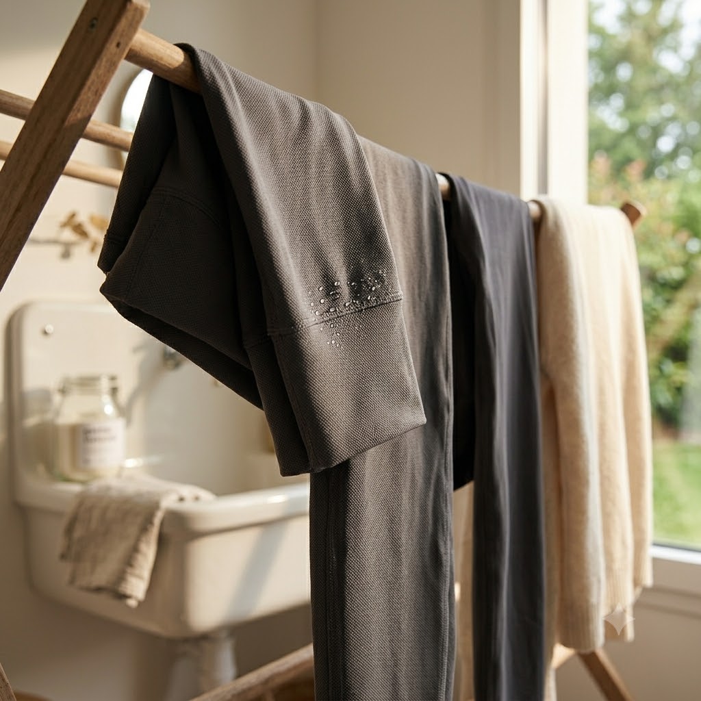 Legging technique premium de couleur anthracite séchant à l'air libre sur un étendoir en bois, mettant en valeur des gouttelettes d'eau sur la fibre thermorégulatrice
