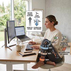 Infographie montrant une femme en télétravail portant un legging à compression graduée avec des schémas explicatifs sur le retour veineux, l'élimination des toxines et de l'acide lactique