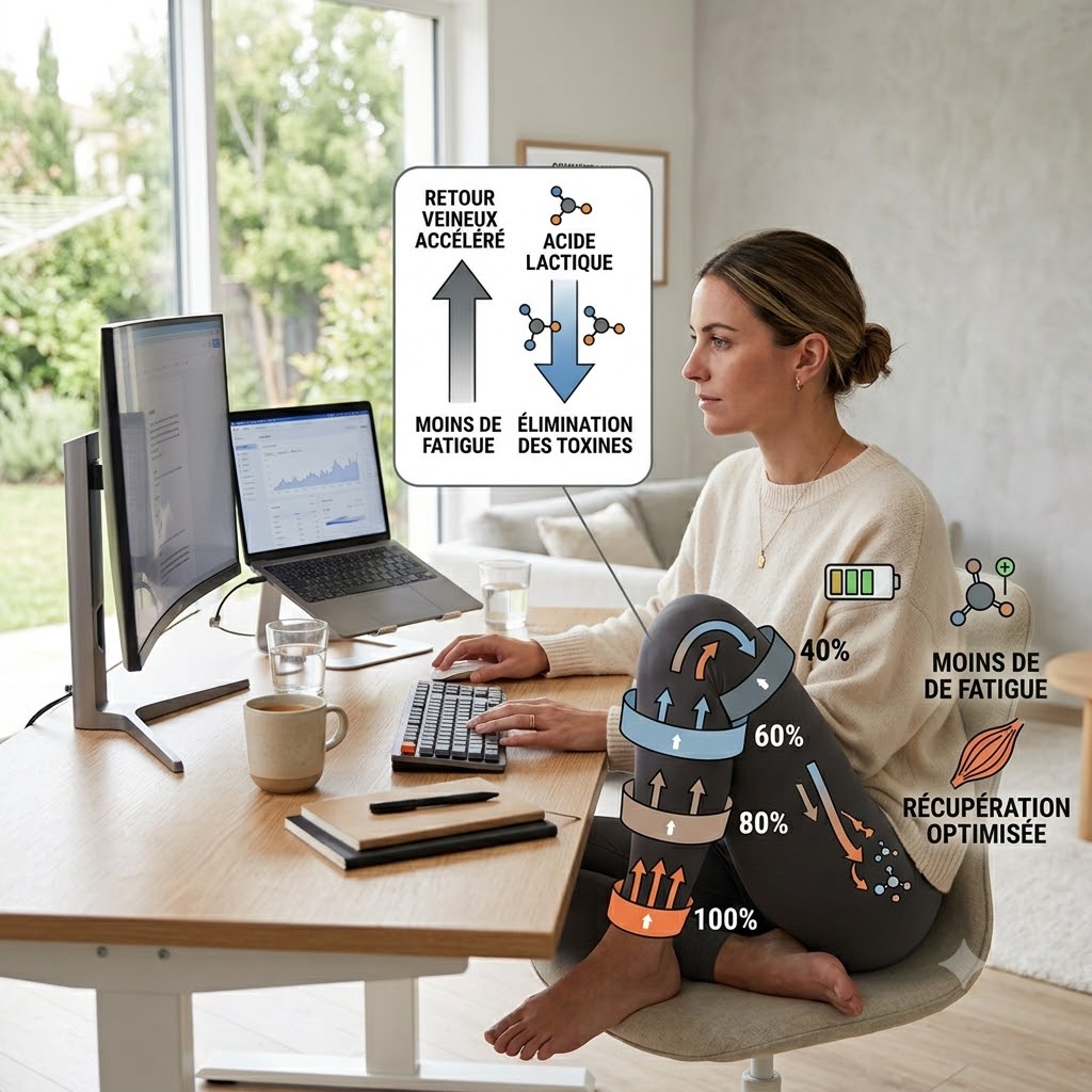 Infographie montrant une femme en télétravail portant un legging à compression graduée avec des schémas explicatifs sur le retour veineux, l'élimination des toxines et de l'acide lactique