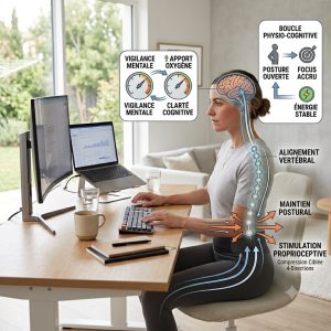 Infographie montrant une femme en télétravail avec une posture droite, illustrant la connexion entre l'alignement vertébral, le maintien postural lombaire et l'augmentation du focus et de la clarté cognitive.