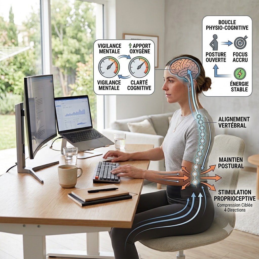 Infographie montrant une femme en télétravail avec une posture droite, illustrant la connexion entre l'alignement vertébral, le maintien postural lombaire et l'augmentation du focus et de la clarté cognitive.