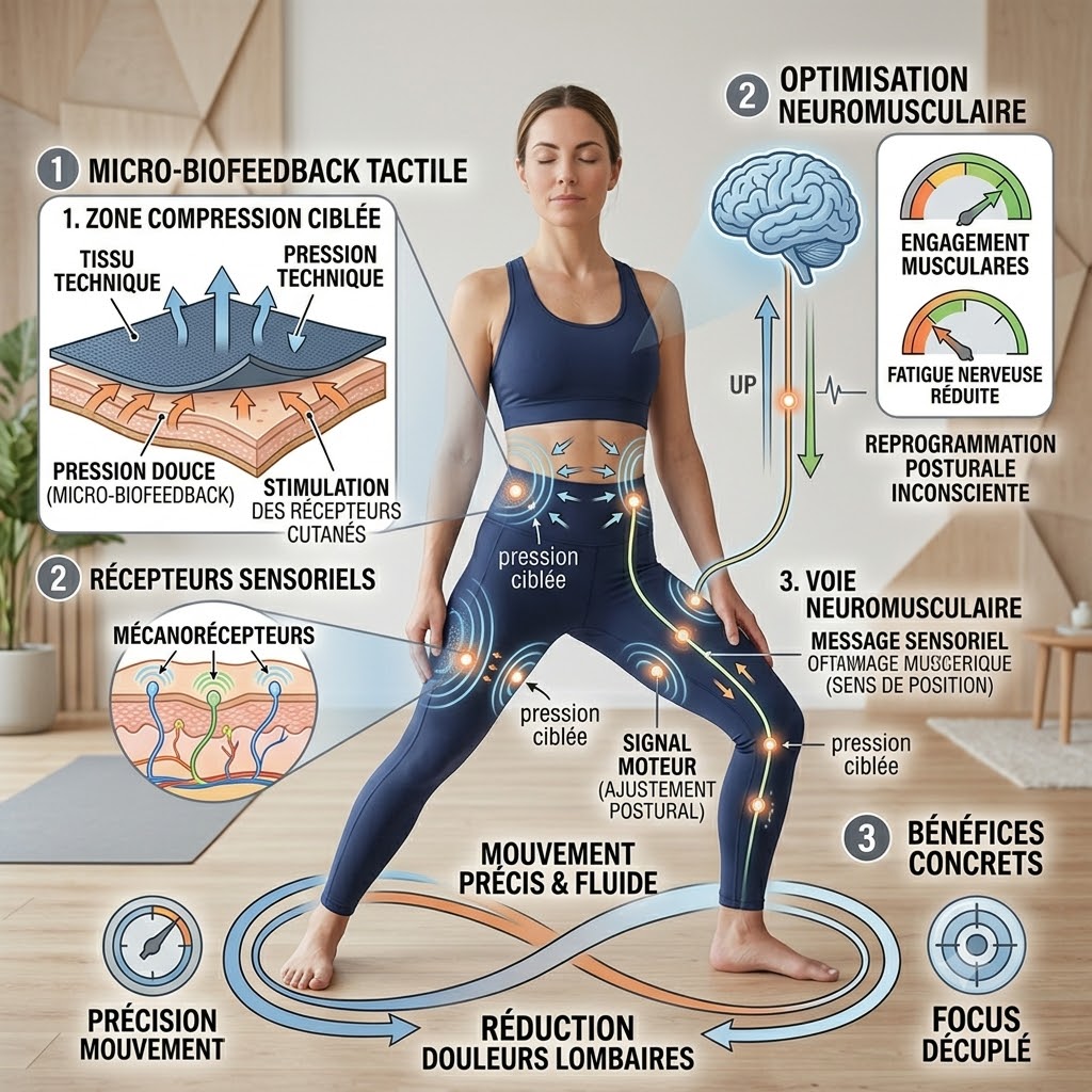 Infographie pédagogique montrant une femme en tenue de sport bleue effectuant une posture de yoga, expliquant le fonctionnement du micro-biofeedback tactile, la stimulation des mécanorécepteurs de la peau et le circuit neuromusculaire pour l'auto-correction de la posture.