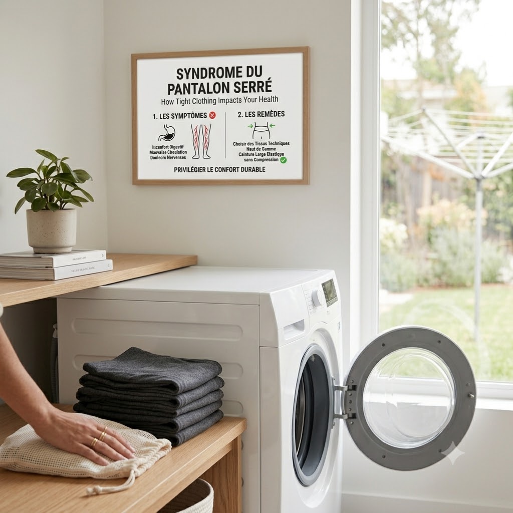 Visuel conceptuel et pédagogique sur le Syndrome du Pantalon Serré. Une affiche encadrée dans une buanderie minimaliste détaille en 3 colonnes : les symptômes (douleurs nerveuses, inconfort digestif, mauvaise circulation) ❌ et les remèdes (ceinture large souple, tissu technique haute performance) ✅. Une machine à laver moderne en arrière-plan. Ambiance lumineuse et sereine.