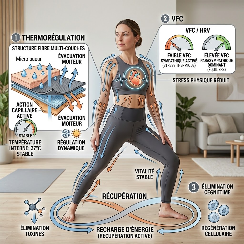 Infographie explicative montrant une femme pratiquant le yoga, illustrant le processus de thermorégulation textile, l'action capillaire d'évacuation de la sueur et son impact sur la variabilité de la fréquence cardiaque (VFC) et la récupération active.