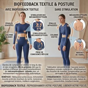 Infographie comparative avant/après montrant l'impact du biofeedback textile sur la posture : colonne alignée et stimulation des mécanorécepteurs à gauche, contre dos voûté et absence de signal sensoriel à droite.