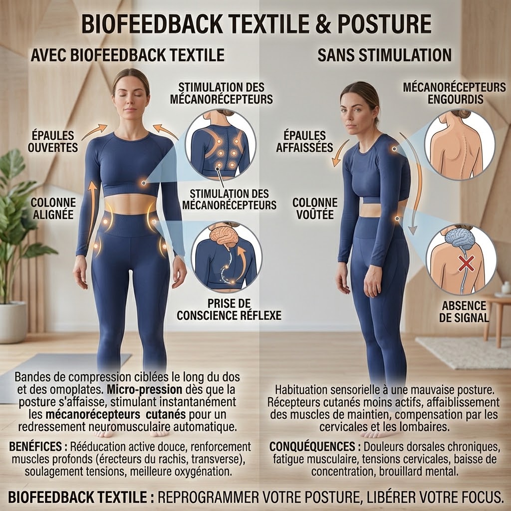 Infographie comparative avant/après montrant l'impact du biofeedback textile sur la posture : colonne alignée et stimulation des mécanorécepteurs à gauche, contre dos voûté et absence de signal sensoriel à droite.
