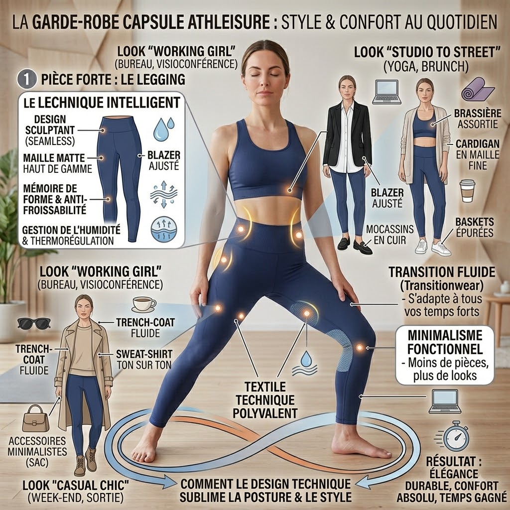 Infographie sur la garde-robe capsule athleisure présentant 3 idées de looks (Working Girl avec blazer, Studio to Street avec cardigan, et Casual Chic avec trench) à partir d'un seul legging technique intelligent.