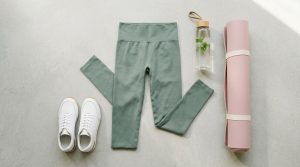 Tenue de yoga complète vert sauge et rose pastel : legging seamless nervuré, baskets blanches, tapis de yoga roulé et bouteille d'eau détox.