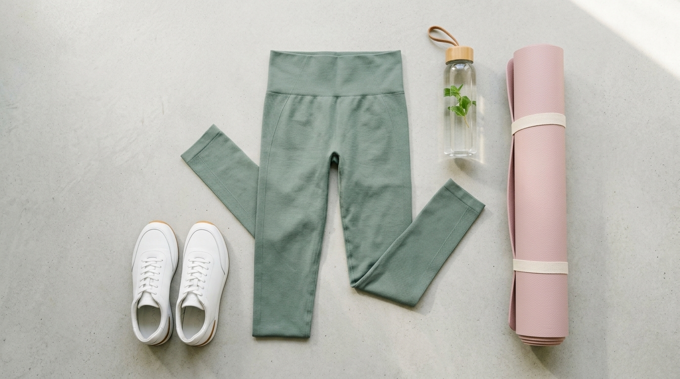 Tenue de yoga complète vert sauge et rose pastel : legging seamless nervuré, baskets blanches, tapis de yoga roulé et bouteille d'eau détox.