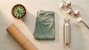 Flat lay d'une tenue de sport éco-responsable avec un legging vert sauge en textile recyclé, un tapis de yoga en liège et une gourde inox sur fond minéral.